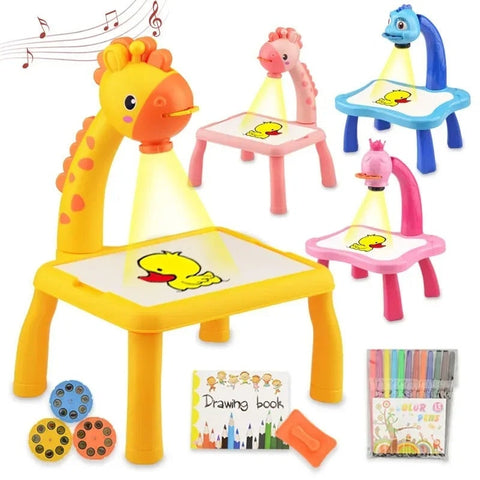 HYUE Funny Yellow DIY Kids Drawing Projector Table with Color Pens