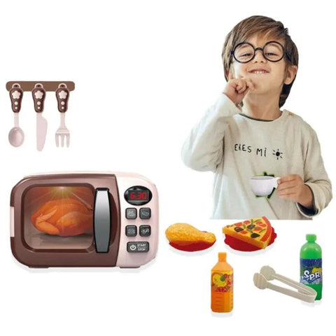 Mini Microwave Oven Toy Household Appliances Set with Light Effects and Accessories - 11 Pcs Food Pretend Play Set