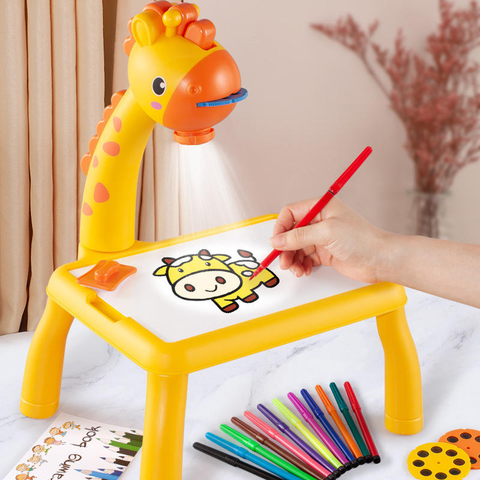 HYUE Funny Yellow DIY Kids Drawing Projector Table with Color Pens