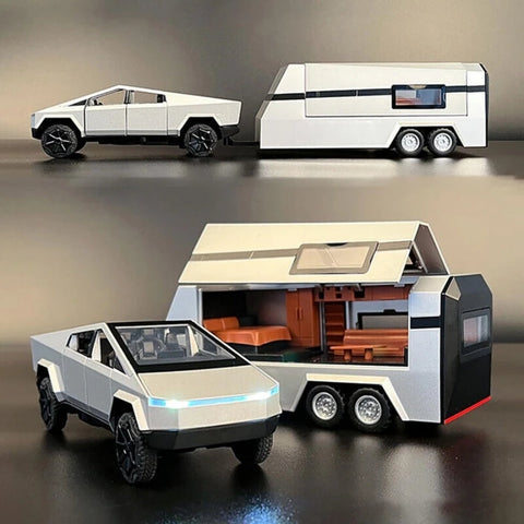 1:24 cybertruck Camping RV car Model Toys, Pickup Trailer Toy Pickup Truck Model with Sound